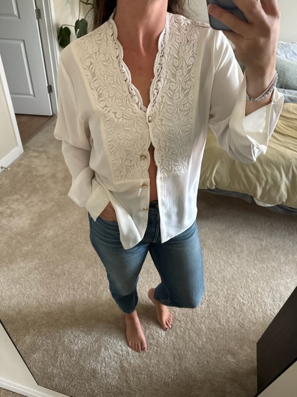 Vintage Christie & Jill White Crochet Lace Accented Long Sleeve Blouse Size 8